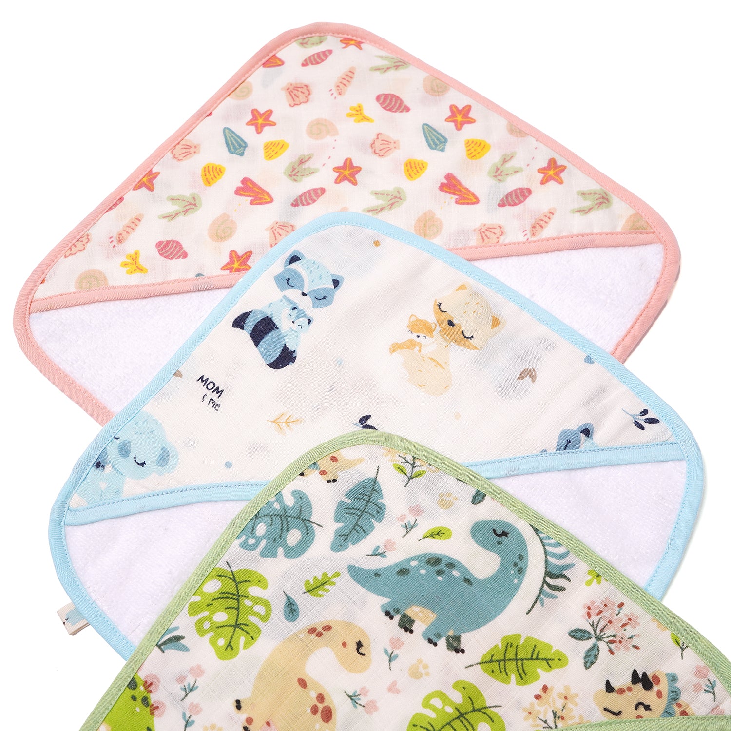 Muslin Baby Face Cloth/Face Towel for New Born Pack 3 ( Mom&Me & Dino & Shells)