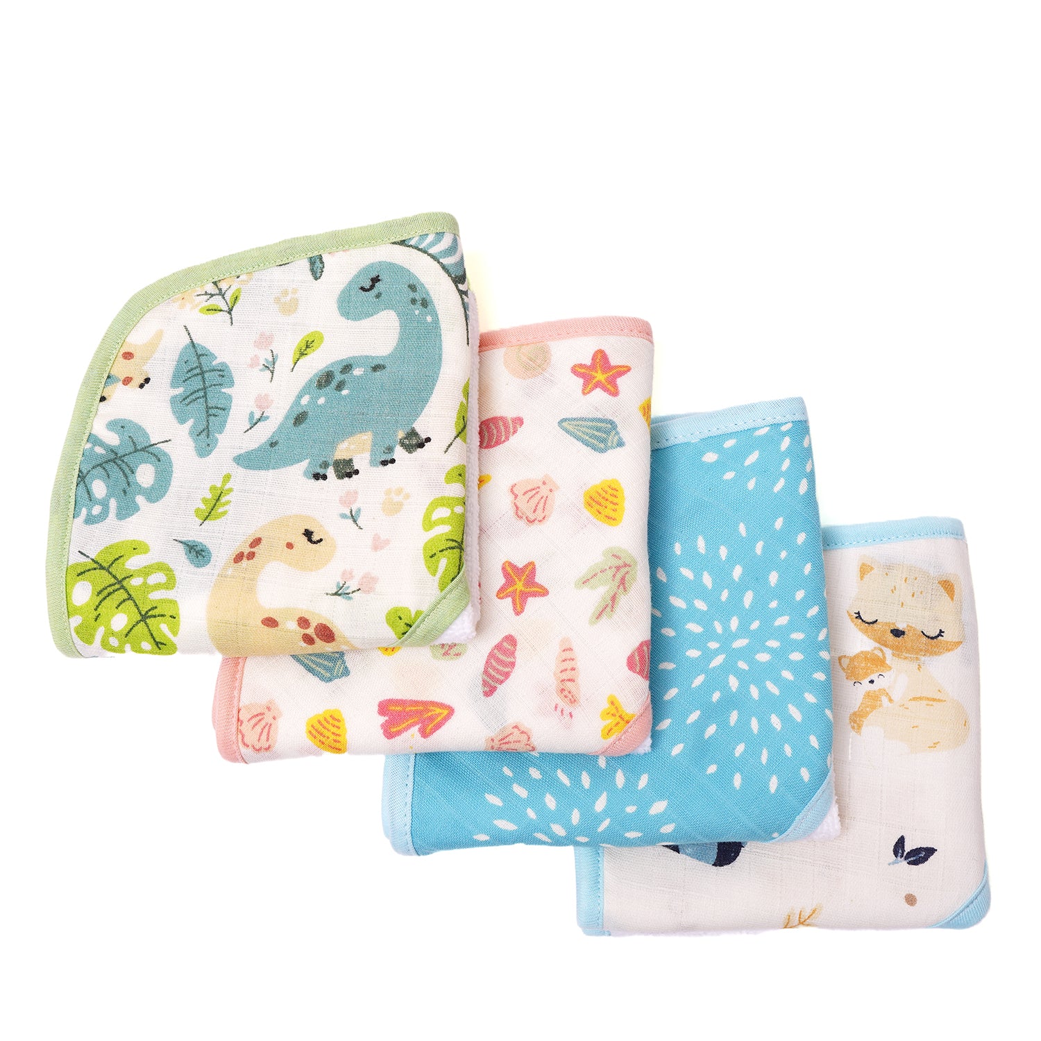 Muslin Baby Face Cloth/Face Towel for New Born Pack 4 ( Mom&Me & Dino & Shells & Blue Puff)