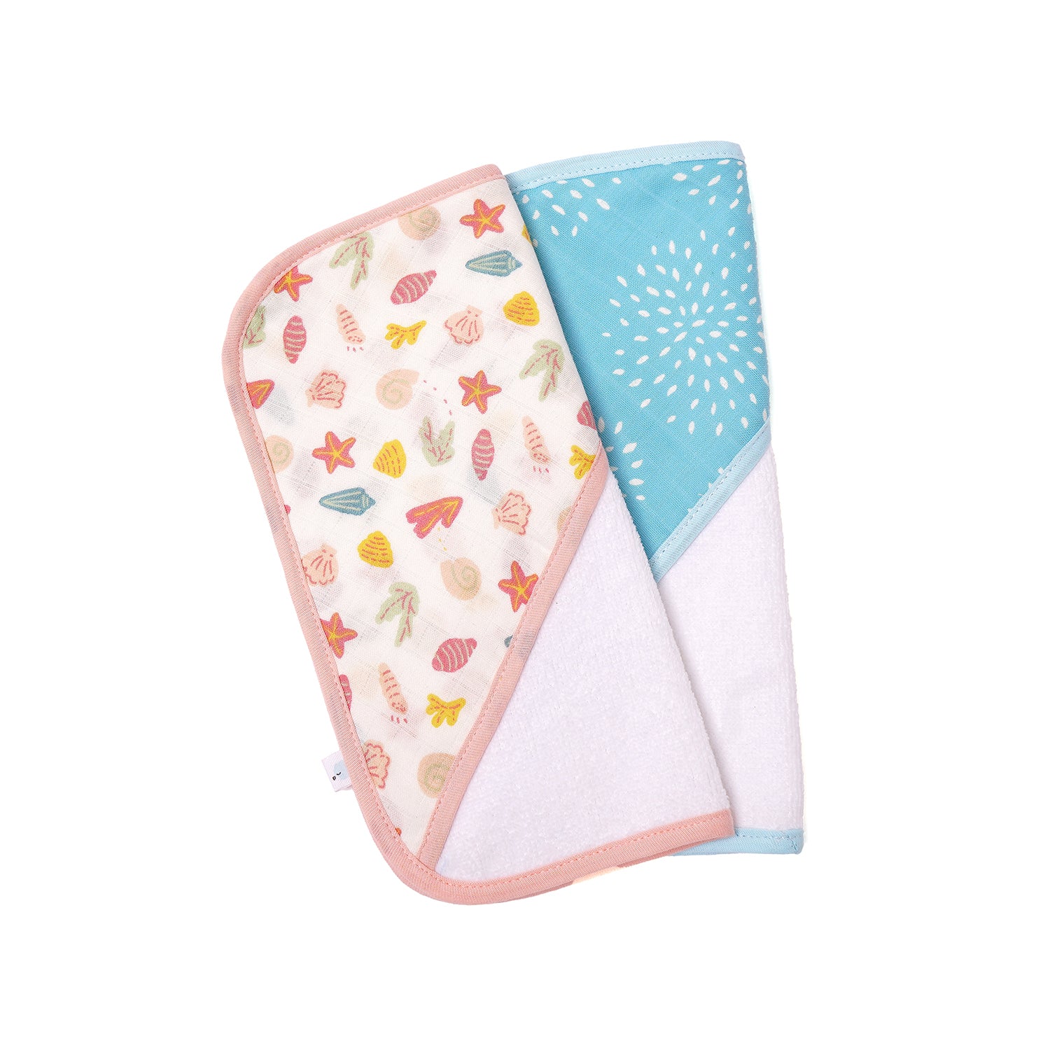 Muslin Baby Face Cloth/Face Towel for New Born Pack 2 ( Shells & Blue Puff )