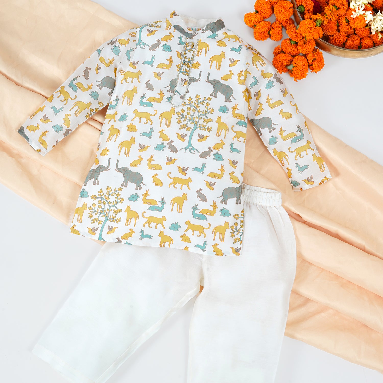 Animal Chanderi Off-White Print | Kurta with Pajama Set Baby Boys | Festive Wear for Baby/Kids