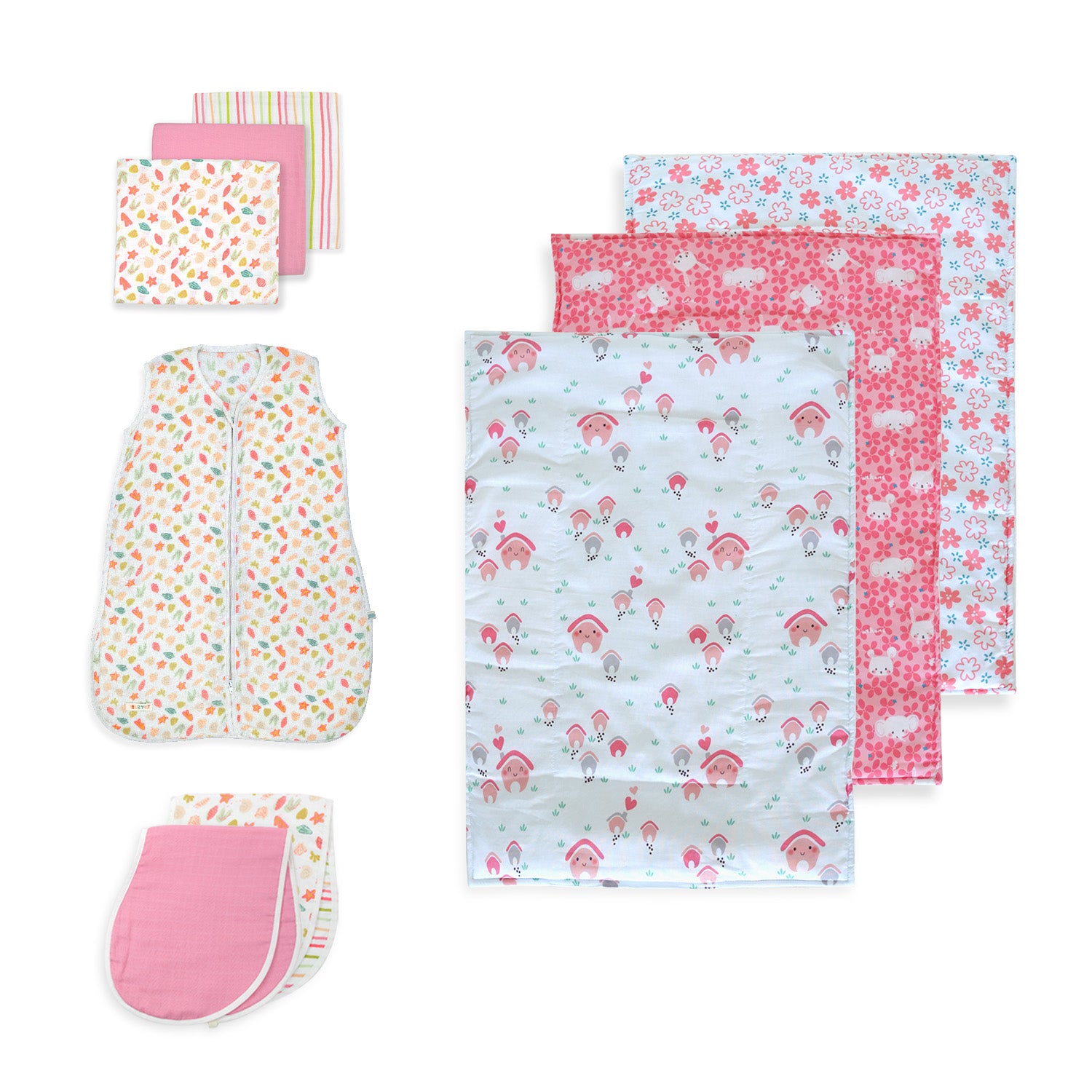 The Shells & Pink Bundle - Swaddle + Sleeping Bag + Burp Cloths + Changing Mats