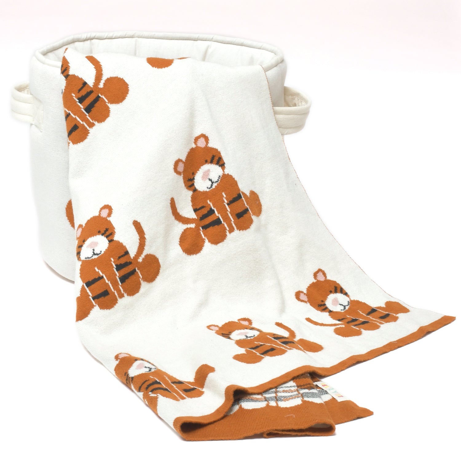 100% Cotton Knitted Storage Basket with Knitted Blanket Set-Tiger