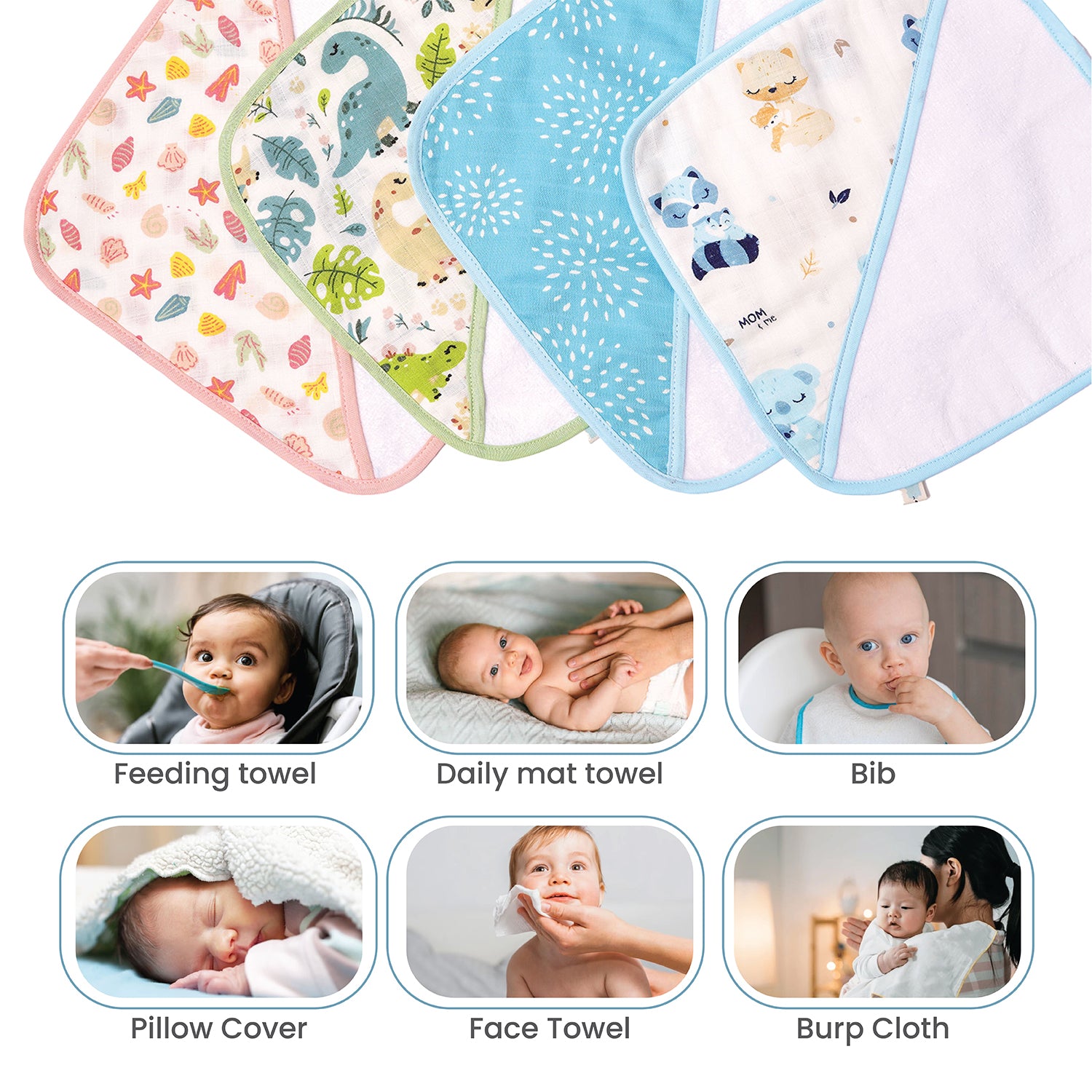 Muslin Baby Face Cloth/Face Towel for New Born Pack 4 ( Mom&Me & Dino & Shells & Blue Puff)