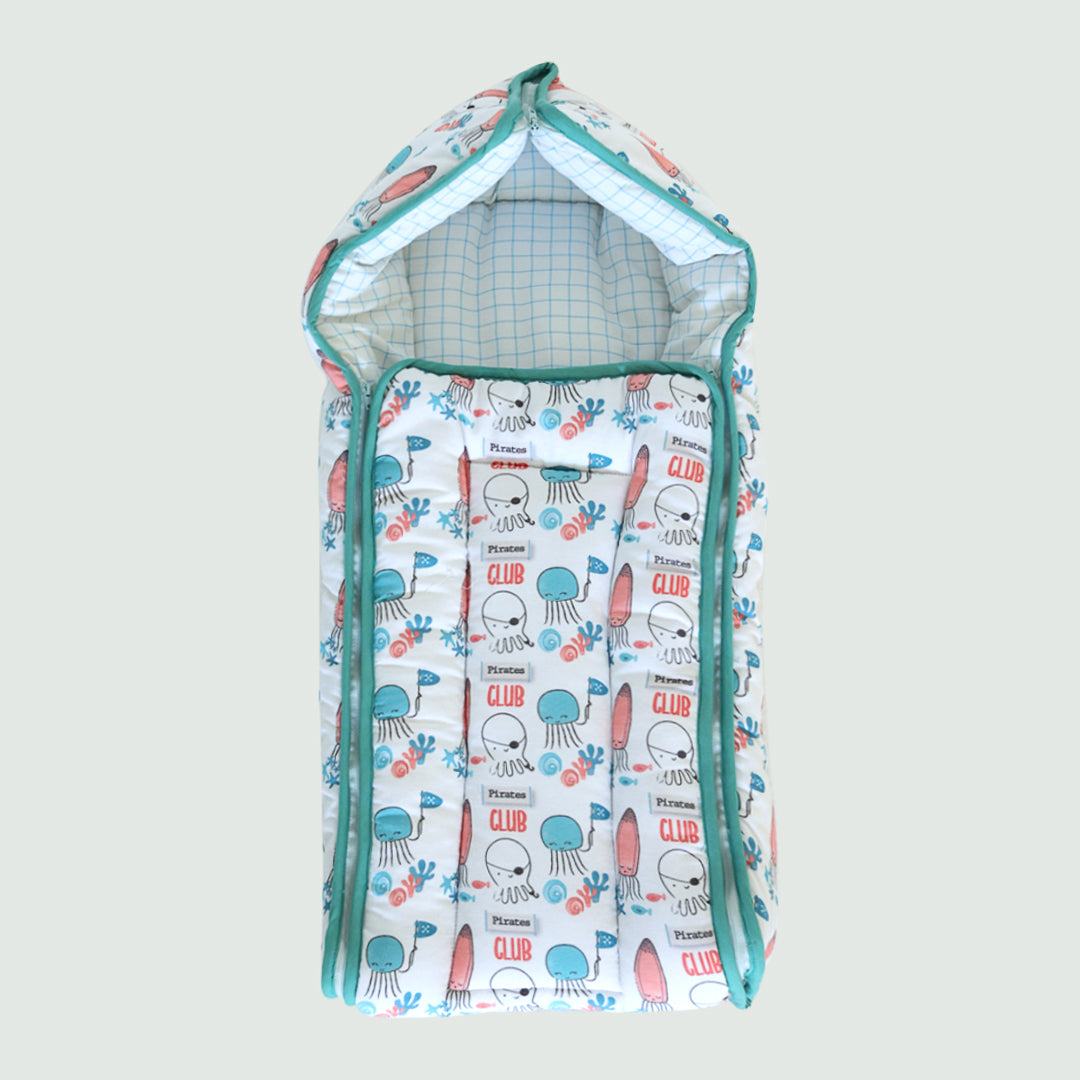 Tidy Sleep Baby Cotton Carry Nest (0-6 Months) - Pirates Club White Green